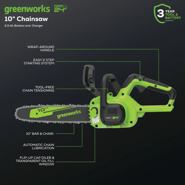 Greenworks 24V 10 In. Chainsaw with 2.0 Ah USB Battery & Charger