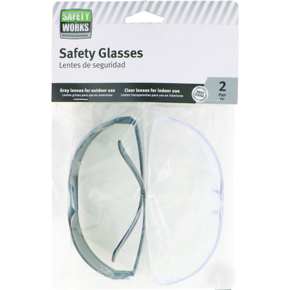 Safety Works Gray & Clear Frame Safety Glasses with Gray & Clear Lenses (2-Pack)