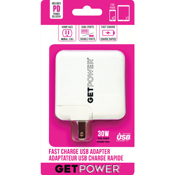 GetPower 30W Dual USB AC Adapter, White GP-AC2USB-PD