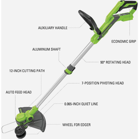 Greenworks 24V 12 In. Cordless Battery String Trimmer & Edger with 2.0 Ah Battery & Charger