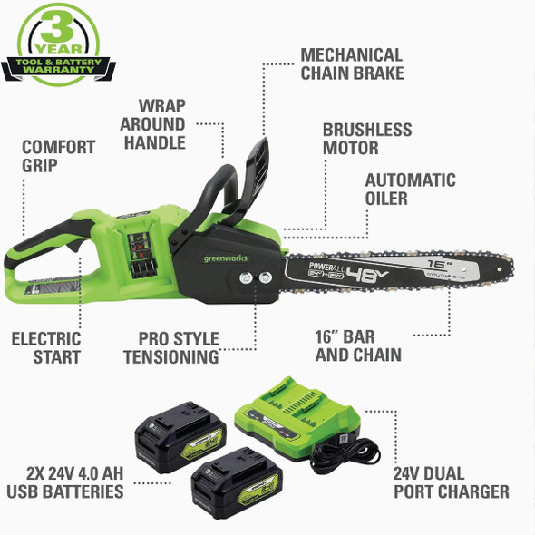 Greenworks 24V (2 x 24V) 16 In. Brushless Chainsaw with (2) 4.0 Ah Batteries & Dual Port Charger