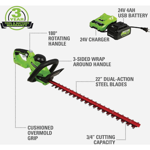 Greenworks 24V 22 In. Cordless Hedge Trimmer with 4.0 Ah USB Battery & Charger Greenworks 24V 22 In. Cordless Hedge Trimmer with 4.0 Ah USB Battery & Charger