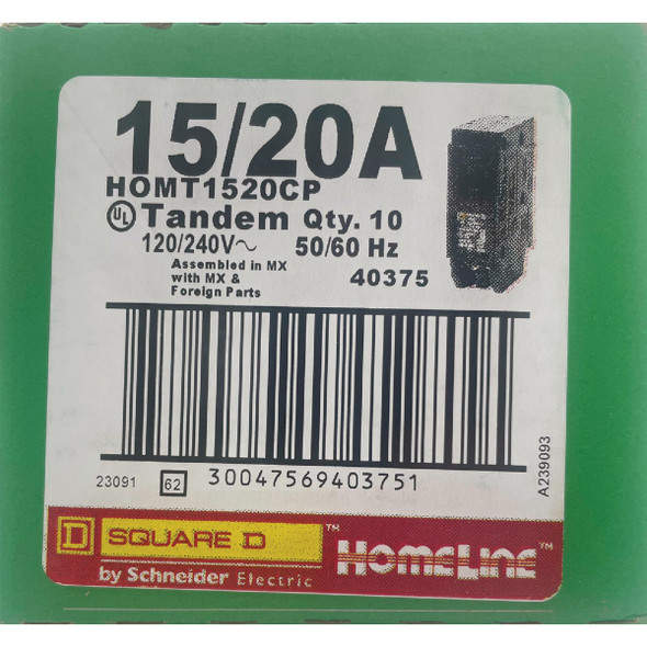 Square D Homeline 15A-20A Twin Single-Pole Standard Trip Tandem Circuit Breaker HOMT1520CP 512278