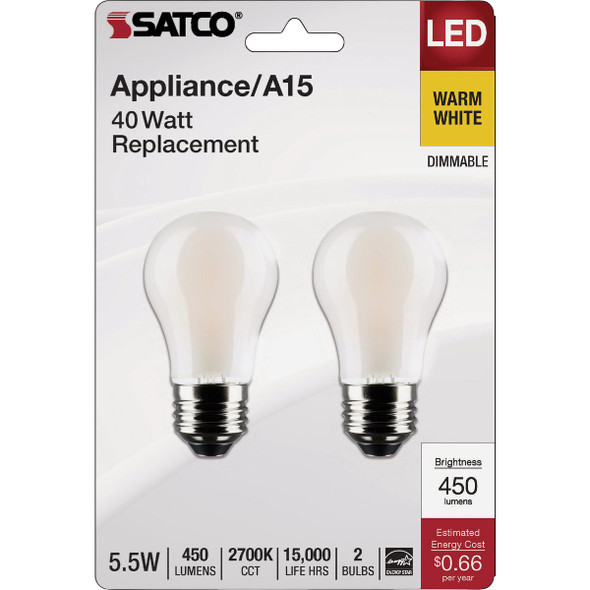 Satco 40W Equivalent Warm White Appliance A15 Medium Dimmable Traditional LED Light Bulb (2-Pack)