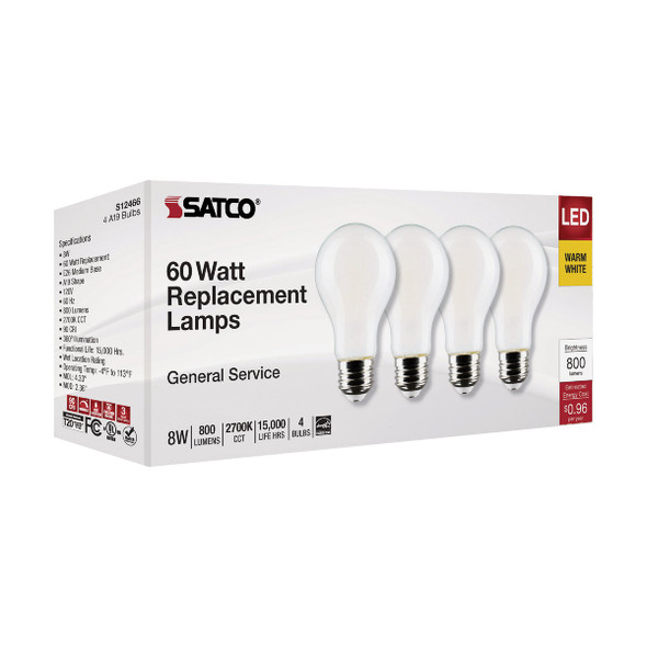 Satco 4pk 8w A19med Led Bulb S12466 550829