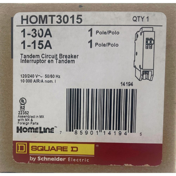 Square D Homeline 30A-15A Twin Single-Pole Standard Trip Tandem Circuit Breaker HOMT3015 561484