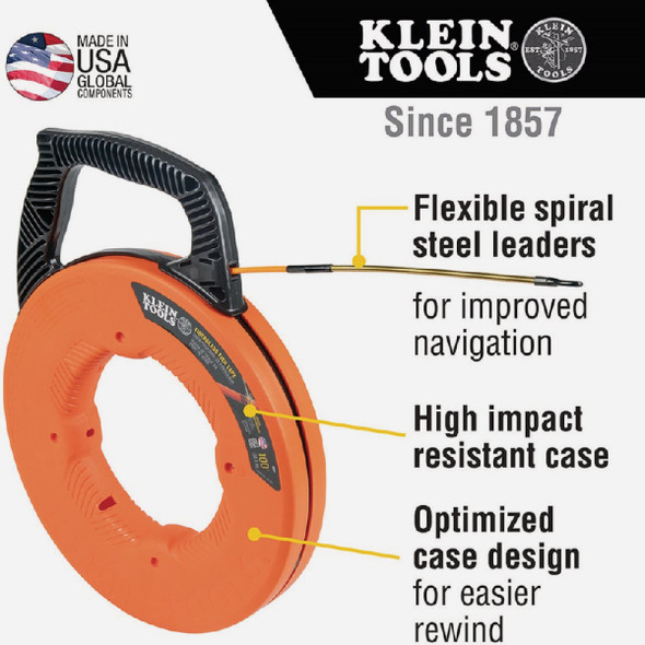 Klein 3/16 In. W. x 100 Ft. L. Fiberglass Fish Tape with Spiral Steel Leader