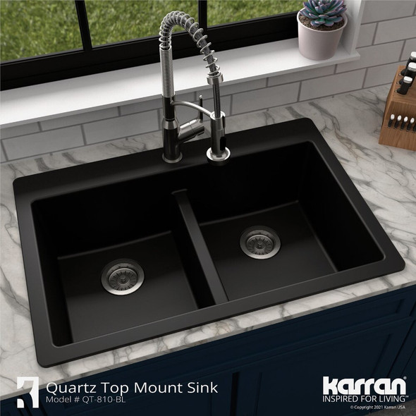 Karran 33 In. x 22 In. Black Quartz Drop-In Double Bowl Kitchen Sink QT-810-BL 427930