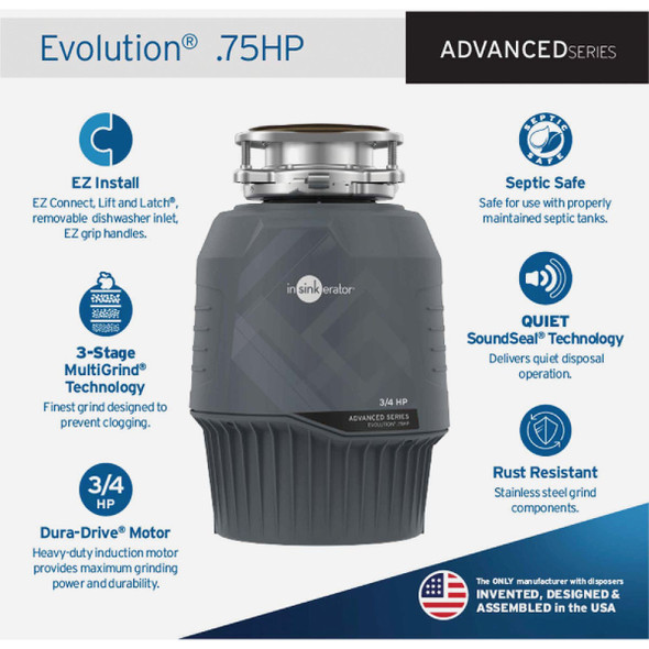 Insinkerator Evolution 3/4 HP Garbage Disposer, 9 Year Warranty