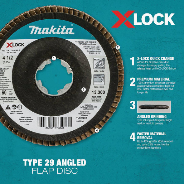 Makita X-LOCK 4-1/2 In. x 7/8 In. 60-Grit Type 29 Zirconia Angle Grinder Flap Disc Makita X-LOCK 4-1/2 In. x 7/8 In. 60-Grit Type 29 Zirconia Angle Grinder Flap Disc
