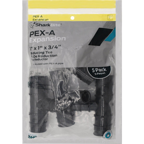 SharkBite 1 In. x 1 In. x 3/4 In. Poly Reducing PEX-A Tee (5-Pack) SharkBite 1 In. x 1 In. x 3/4 In. Poly Reducing PEX-A Tee (5-Pack)