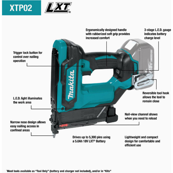Makita 18V LXT Lithium-Ion 23-Gauge Cordless Pin Nailer (Tool Only) XTP02Z 395618