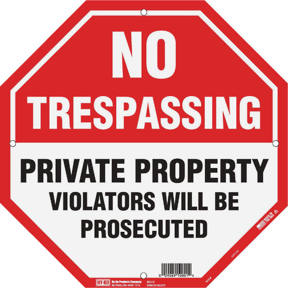 Hy-Ko 12 x 12 Plastic Sign, No Trespassing/Private Property OCT-110