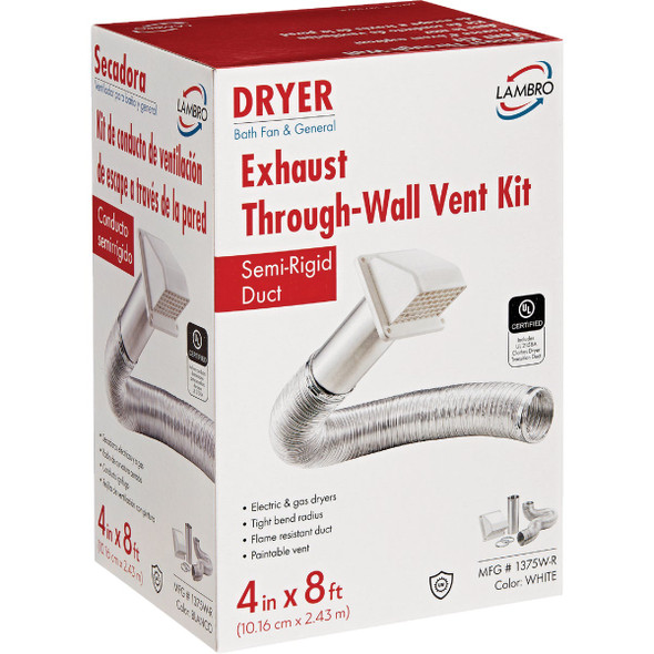 Lambro 4 In. x 8 Ft. Semi-Rigid Duct Exhaust Through-Wall Dryer Vent Kit, White (5-Piece)