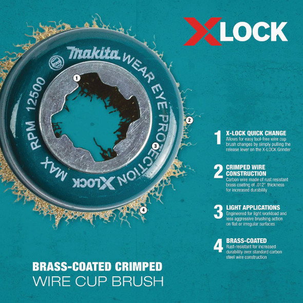 Makita X-LOCK 3 In. Crimped 0.012 In. Brass Coated Carbon Steel Cup Angle Grinder Wire Brush