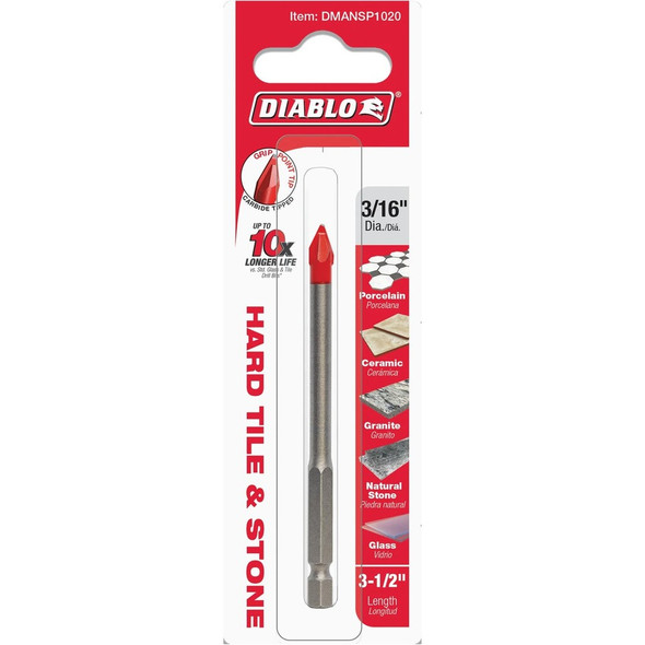 Diablo 3-16 In. x 3-1-2 In. Carbide Tipped Glass, Tile & Stone Drill Bit DMANSP1020 314990