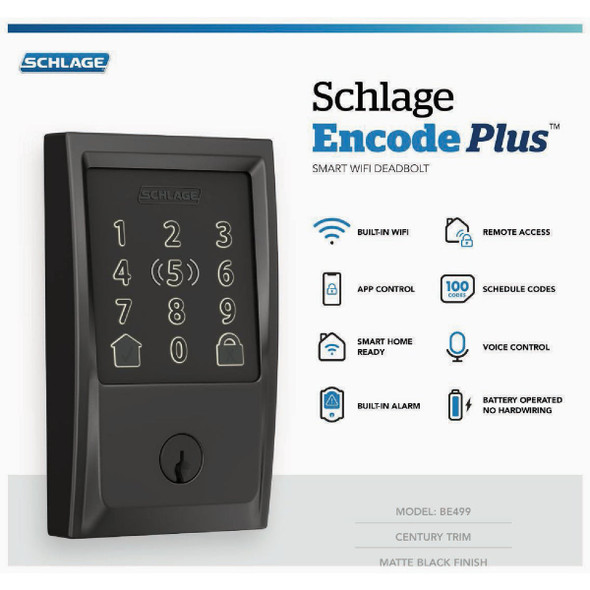 Schlage Encode Plus Century Matte Black Smart WiFi Deadbolt BE499WBVCEN622 236620
