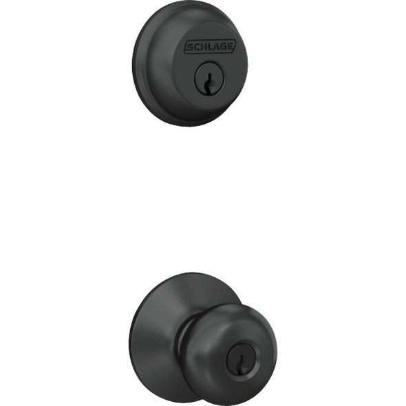 Schlage Matte Black Single Cylinder Deadbolt & Plymouth Keyed Entry Knob