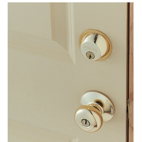 Schlage Bright Brass Single Cylinder Deadbolt & Plymouth Keyed Entry Knob FB50NVPLY505 225967