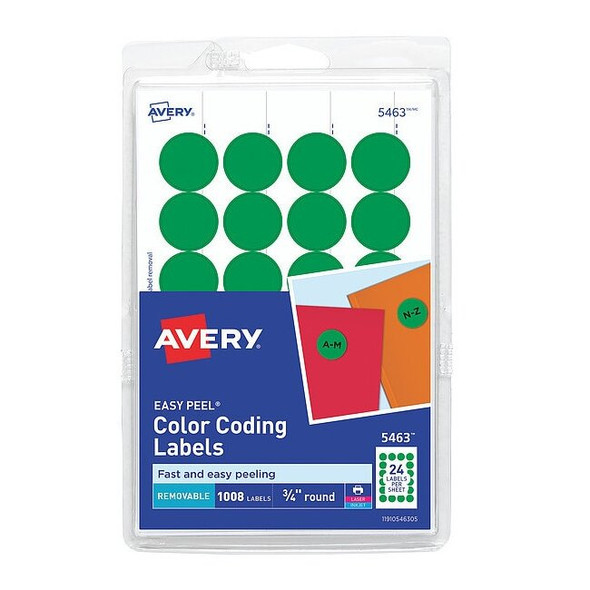 Laser/Inkjet Label, 3/4 in Label W, 3/4 in Label H, 24 Labels per Sheet Green