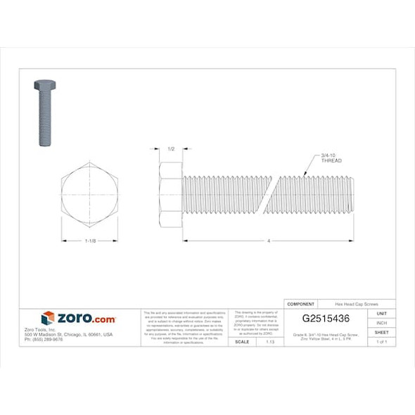 Grade 8, 3/4"-10 Hex Head Cap Screw, Zinc & Yellow Plated Steel, 4 in L, 5 PK