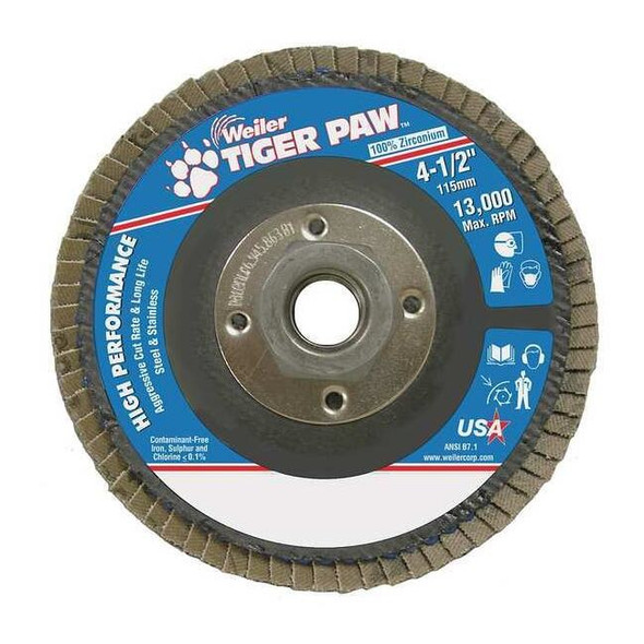 Weiler Flap Disc,Type 27,4-1/2in. dia., 36 Grit 98810