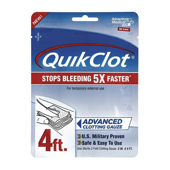 Quikclot Gauze Pad, White, 4-1/2" L, 1/2" W, Sterile, Standards: FDA 5020-0026