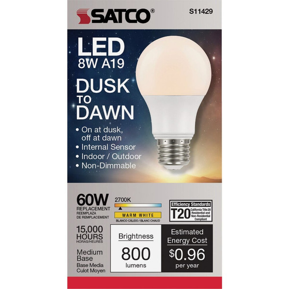 Satco Nuvo 60W Equivalent Warm White A19 Medium Dusk To Dawn LED Light Bulb S11429 547327