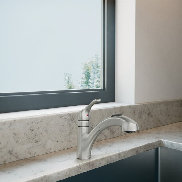 Moen Renzo 1-Handle Lever Pull-Out Kitchen Faucet, Stainless Steel CA87316SRS 452513