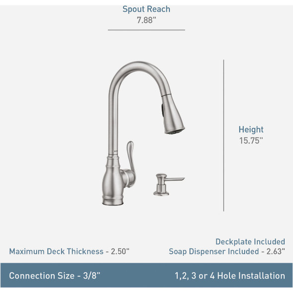 Moen Anabelle 1-Handle Lever Pull-Down Kitchen Faucet with Soap Dispenser, Mediterranean Bronze Moen Anabelle 1-Handle Lever Pull-Down Kitchen Faucet with Soap Dispenser, Mediterranean Bronze