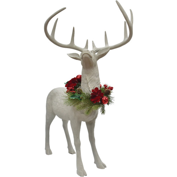 34 In. White Standing Deer with Removeable Floral Wreath XN200482RD 34 In. White Standing Deer with Removeable Floral Wreath XN200482RD