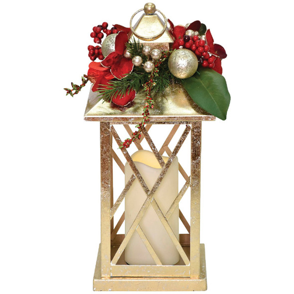 Gabriella 15 In. H. Metal Lantern with LED Candle & Arrangement XN200932RD
