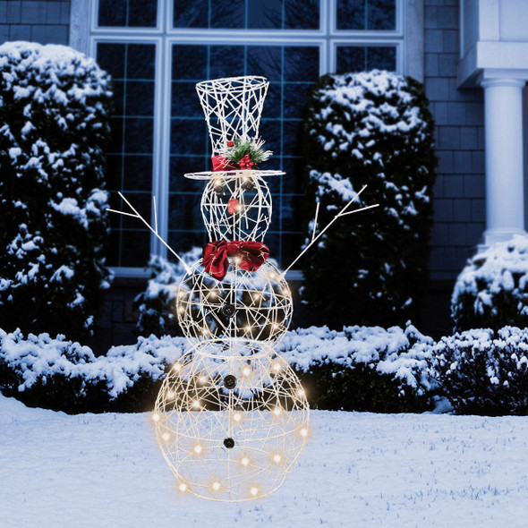 Alpine 38 In. Warm White LED White Mesh Snowman Lighted Decoration with Bowtie Alpine 38 In. Warm White LED White Mesh Snowman Lighted Decoration with Bowtie