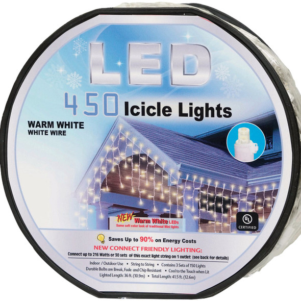 Warm White 450-Bulb 5mm Concave LED Icicle Light Set ES76-082