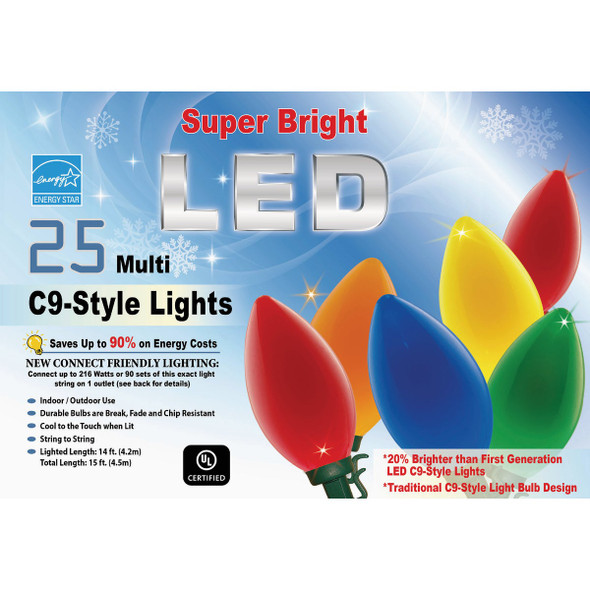 Super Bright Ceramic Multi 25-Bulb C9 LED String Light Set with Green Wire