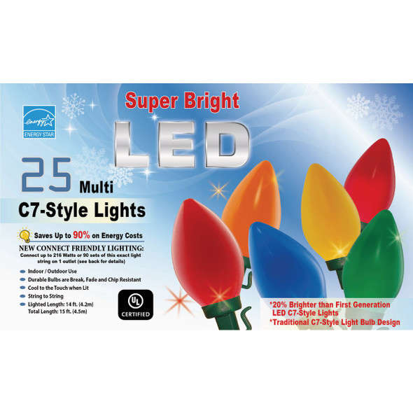 Super Bright Ceramic Multi 25-Bulb C7 LED String Light Set with Green Wire