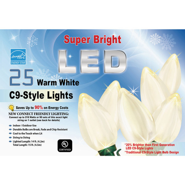 Super Bright Warm White 25-Bulb C9 LED String Light Set with Green Wire