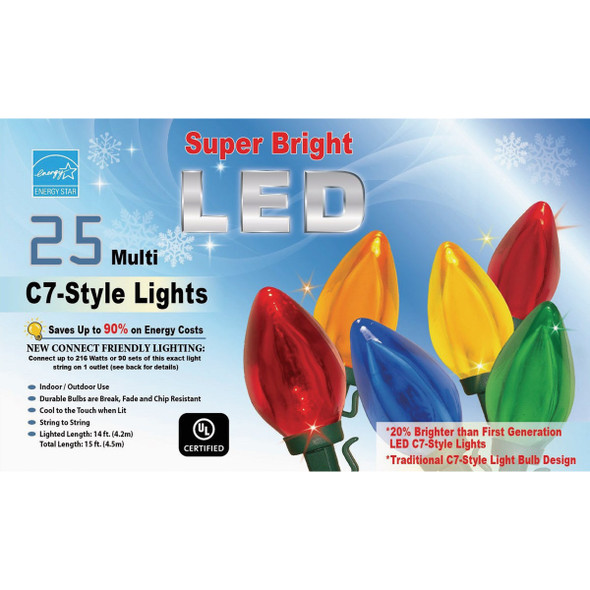 Super Bright Transparent Multi 25-Bulb C7 LED String Light Set with Green Wire