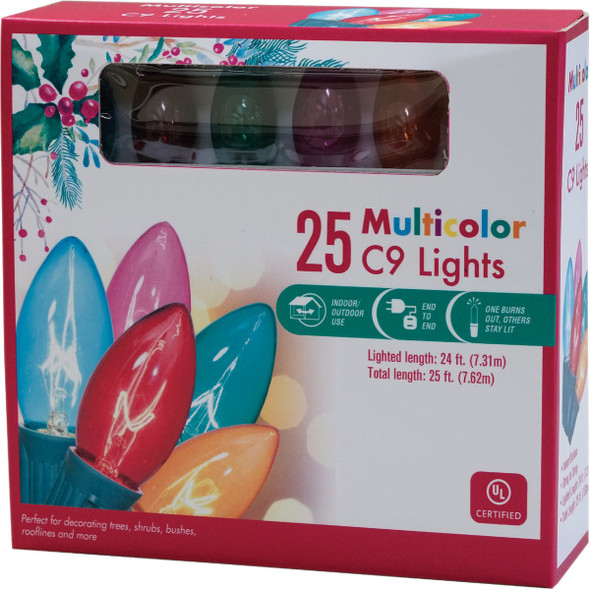 Transparent Multi 25-Bulb C9 Incandescent String Light Set with Green Wire