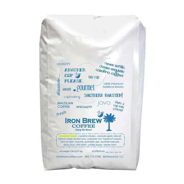 Iron Brew Coffee, Breakfast Roast, Bag, Caffeinated, Whole Bean, 5 lb C-1CT5BRWB