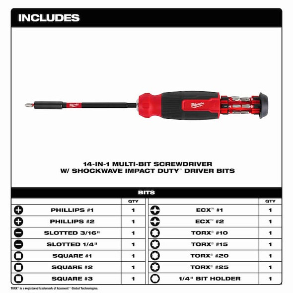Milwaukee Tool 14-IN-1 SHOCKWAVE MULTI-BIT SCREWDRIVER 48-22-2915