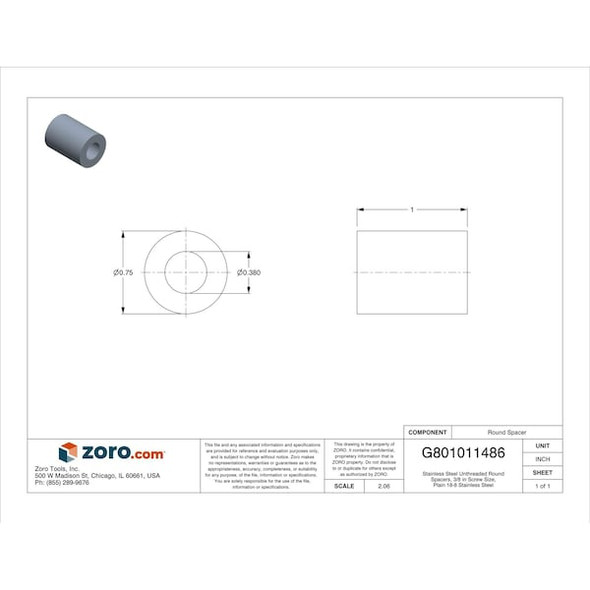 Stainless Steel Unthreaded Round Spacers, 3/8 in Screw Size, Plain 18-8 Stainless Steel