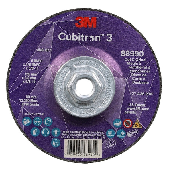 Cut-Off and Grinding Wheel, Type 27, 5 in Dia, 0.125 in Thick, 5/8"-11 Arbor Hole Size, Ceramic