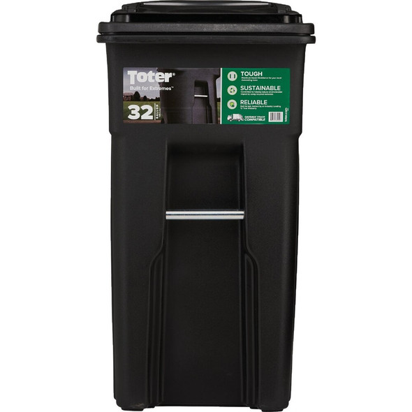 Toter 32 Gal. Black Outdoor Trash Can With Attached Lid and Wheels 79232-R2200 616436