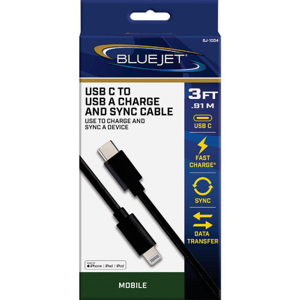 Blue Jet 3 Ft. Black Lightning to Type-C USB Charging & Sync Cable BJ-1004 555730