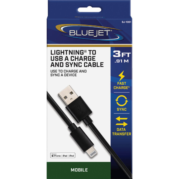 Blue Jet 3 Ft. Black Lightning to Type-A USB Charging & Sync Cable