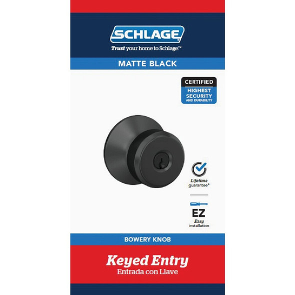Schlage Bowery Matte Black Restoring Keyed Entry Door Knob F51AGBWE622 257903
