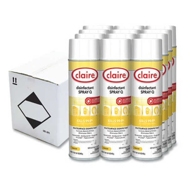 Claire® Spray Q Disinfectant, Lemon Scent, 17 oz Aerosol Spray, Dozen CL1002