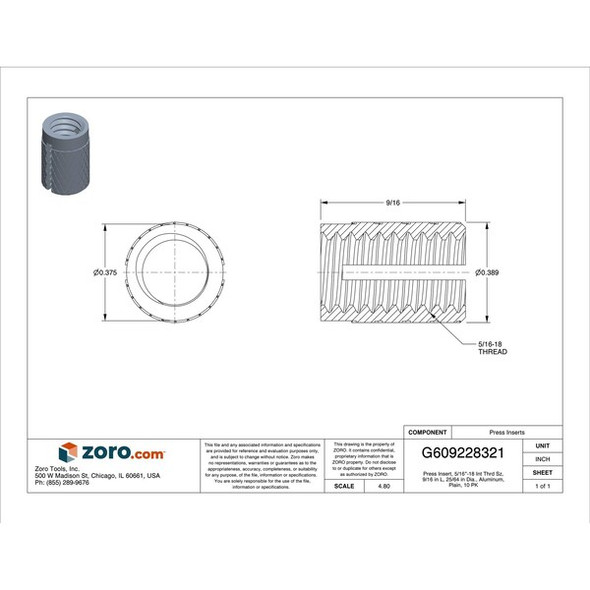 Press Insert, 5/16"-18 Int Thrd Sz, 9/16 in L, 25/64 in Dia., Aluminum, Plain, 10 PK