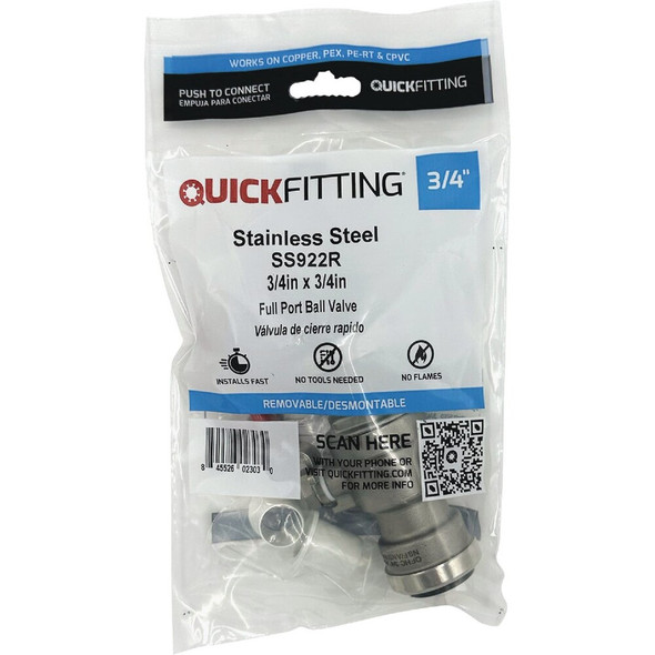 QuickFitting 3-4 In. Push-to-Connect Stainless Steel Full Port Ball Valve SS922R 456543